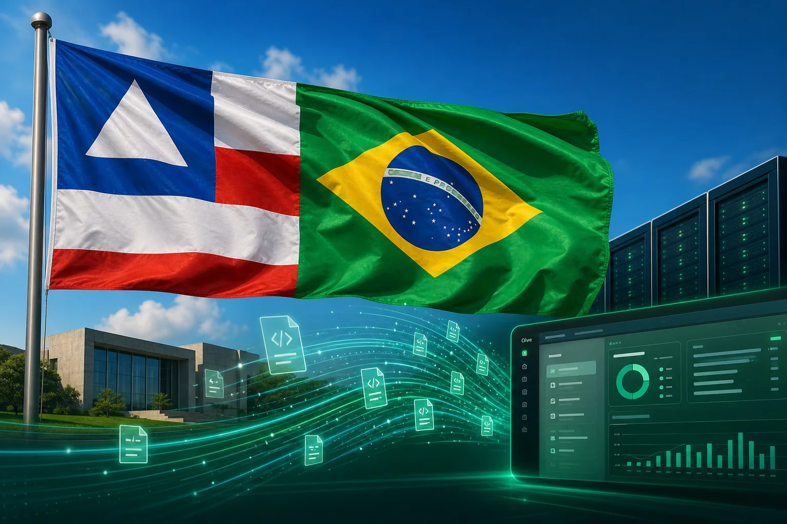 Fluxo fiscal conectando Bahia, Brasil e infraestrutura digital
