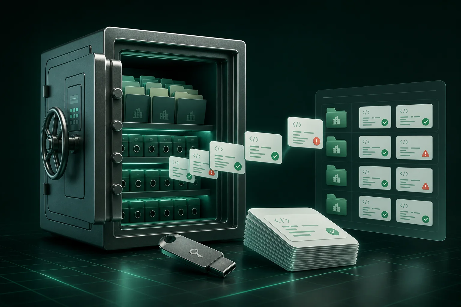 Cofre digital com documentos fiscais organizados